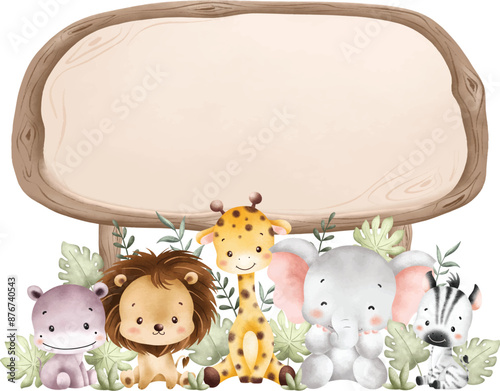 Canvas Print Watercolor Illustration Wooden Board and Baby Safari Animals