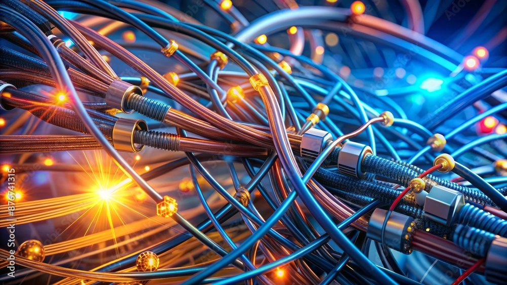 A Beautiful 3D Illustration Of A Bunch Of Electrical Wires And Cables With Glowing Lights. A Beautiful 3D Illustration Of A Bunch Of Electrical Wires And Cables With Glowing Lights.
