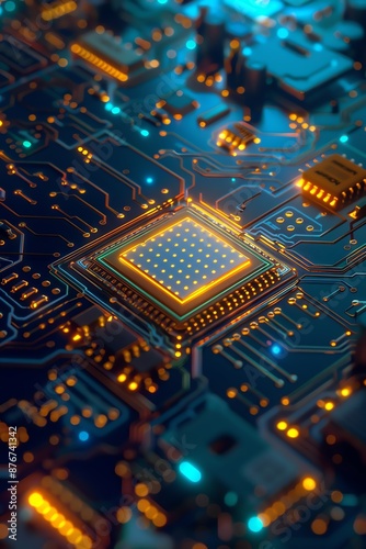 A close-up of a computer chip with glowing orange and blue lights. The chip is surrounded by intricate circuitry. photo