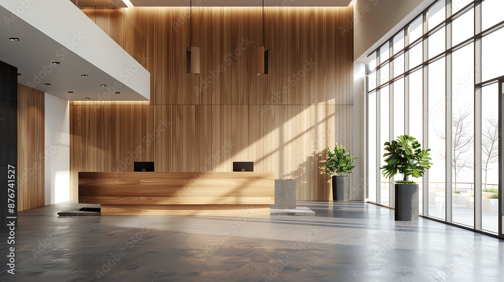 Design a professional office lobby interior with a modern and minimalist style Design a professional office lobby interior with a modern and minimalist style