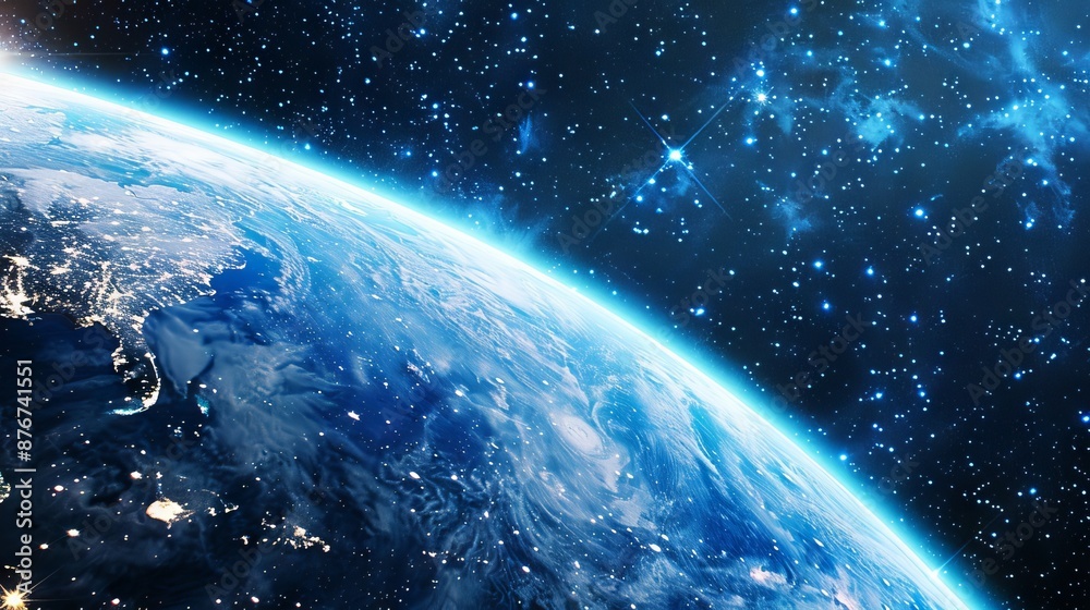 Obraz premium Background of earth from space with a blue sky and stars. 