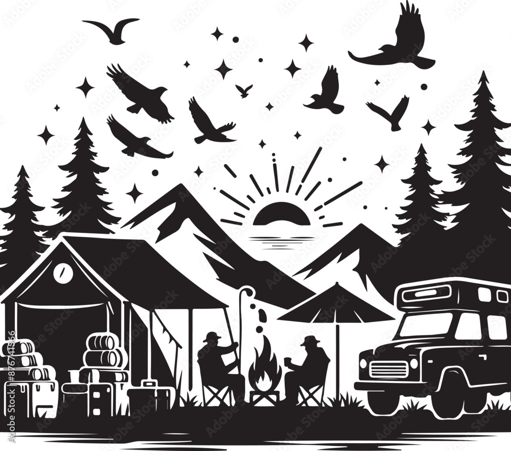 Fototapeta premium Hand Drawn Minimalist Camping Linocut Silhouette Elegant Black and White Icon Sleek Monochromia Vector