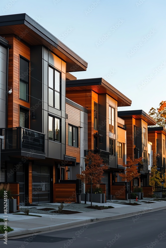 Modern townhouses in a row, late afternoon light, front view Modern townhouses in a row, late afternoon light, front view