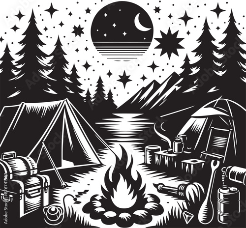 Hand Drawn Minimalist Camping Linocut Silhouette Elegant Black and White Icon Sleek Monochromia Vector