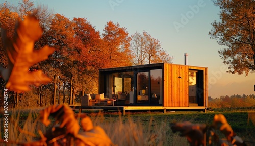 A beautiful tiny house nestled in a field of autumn leaves. The warm glow of the setting sun casts a peaceful and serene atmosphere. photo