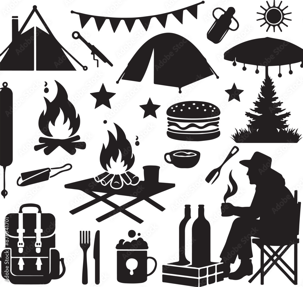 Obraz premium Hand Drawn Minimalist Camping Linocut Silhouette Elegant Black and White Icon Sleek Monochromia Vector