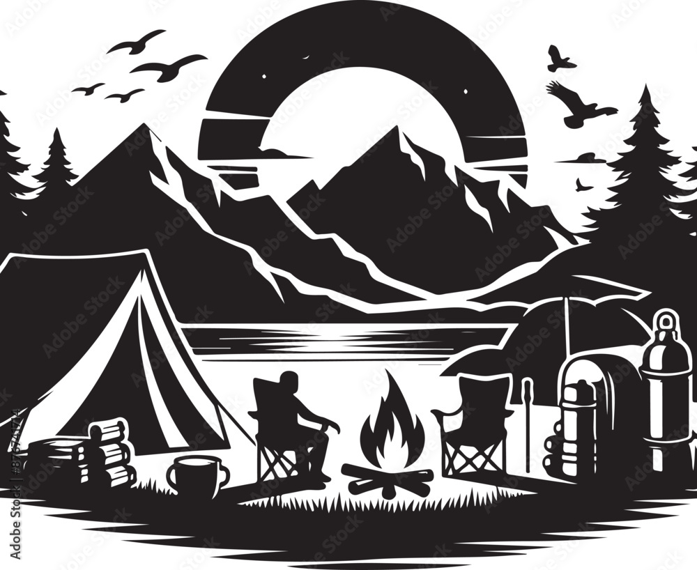 Hand Drawn Minimalist Camping Linocut Silhouette Elegant Black and White Icon Sleek Monochromia Vector Hand Drawn Minimalist Camping Linocut Silhouette Elegant Black and White Icon Sleek Monochromia Vector