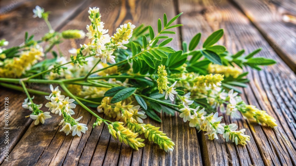 A Beautiful Bouquet Of Sweet White Clover Flowers On A Rustic Wooden Background. A Beautiful Bouquet Of Sweet White Clover Flowers On A Rustic Wooden Background.