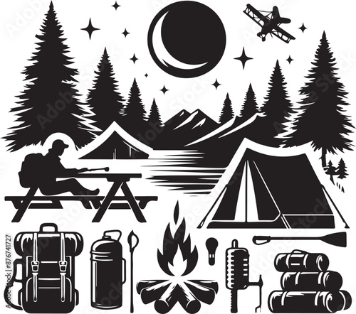 Hand Drawn Minimalist Camping Linocut Silhouette Elegant Black and White Icon Sleek Monochromia Vector