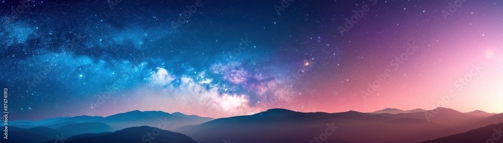 Fototapeta premium Stunning panorama of a starry night sky over mountain range. Beautiful colors and a sense of tranquility capture the essence of natural beauty.