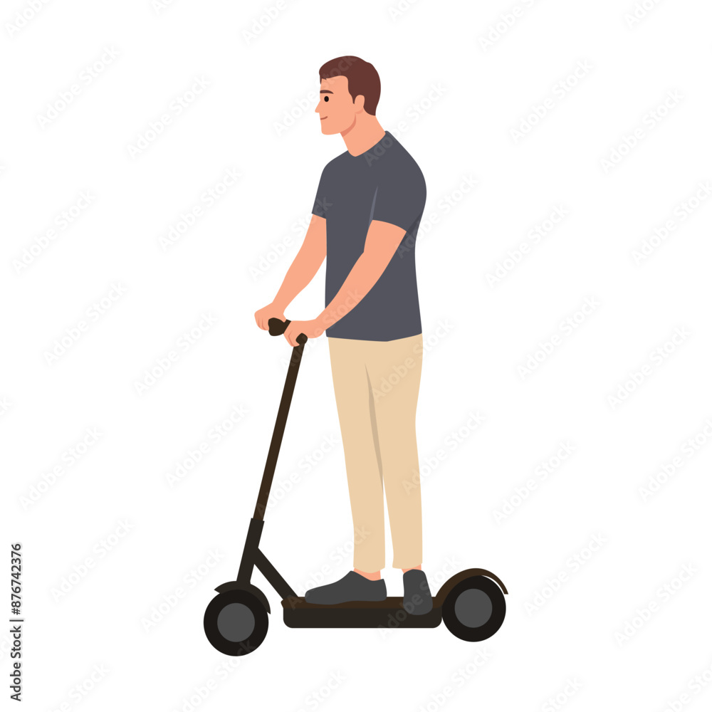 Young man riding on electic kick scooter. Flat vector illustration isolated on white background Young man riding on electic kick scooter. Flat vector illustration isolated on white background