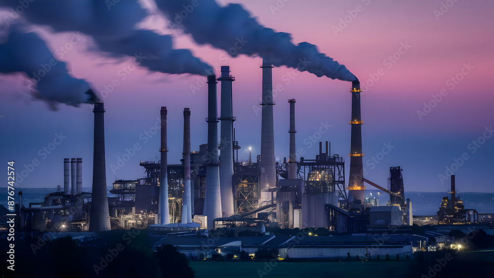 Amidst the towering structures of industry, a factory looms against the night sky, its chimneys exhaling plumes of smoke into the ethe Amidst the towering structures of industry, a factory looms against the night sky, its chimneys exhaling plumes of smoke into the ethe