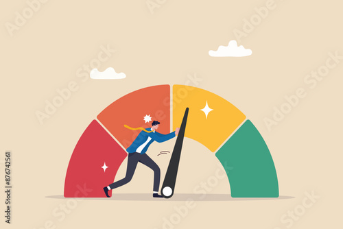 Push skill level, credit score or increase performance, improvement or effort to be better, excellent customer feedback review, gauge scale rating concept, businessman pushing skill performance gauge.