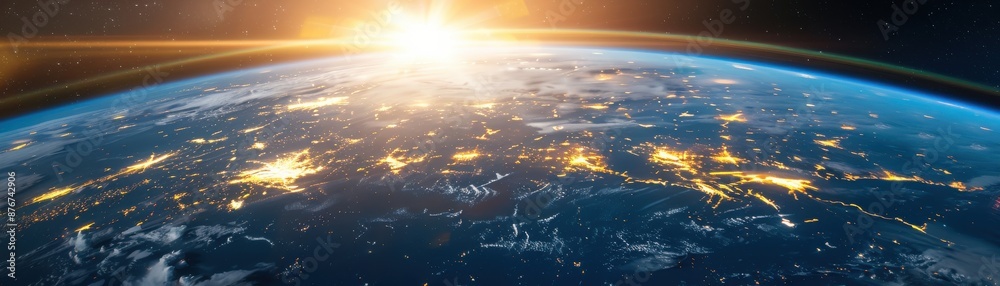 Sunrise over the Earth viewed from space, highlighting vibrant city ...