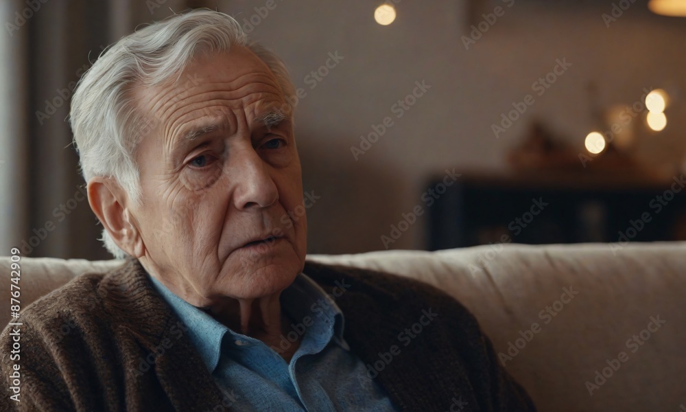 Lonely elderly man in warm lighting room, sad and crying on sofa, retirement concept Lonely elderly man in warm lighting room, sad and crying on sofa, retirement concept