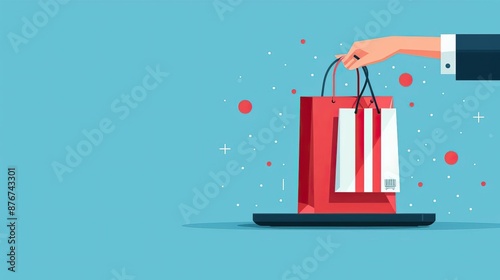 Illustration of a hand reaching into a laptop screen to grab a shopping bag, symbolizing online shopping and e-commerce on a blue background.