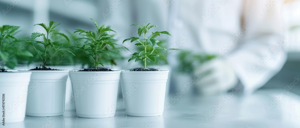 Scientist in a lab growing and observing green plant seedlings in white pots, highlighting botanical research and plant development. Scientist in a lab growing and observing green plant seedlings in white pots, highlighting botanical research and plant development.