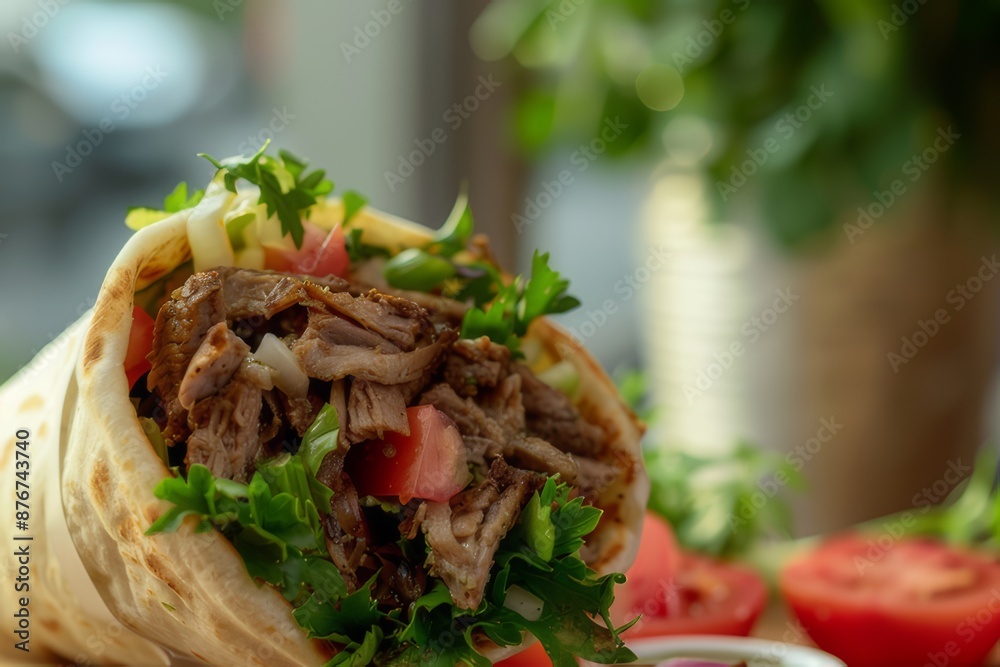 A mouthwatering shawarma consisting of tender, spiced meat, fresh vegetables and a creamy sauce. A mouthwatering shawarma consisting of tender, spiced meat, fresh vegetables and a creamy sauce.