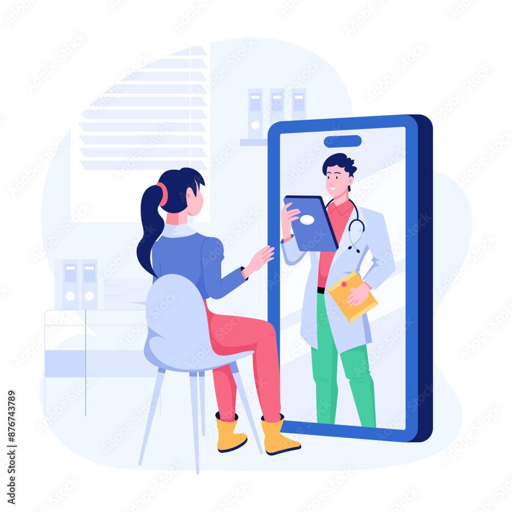 Woman talking with online doctor on mobile, flat illustration Woman talking with online doctor on mobile, flat illustration