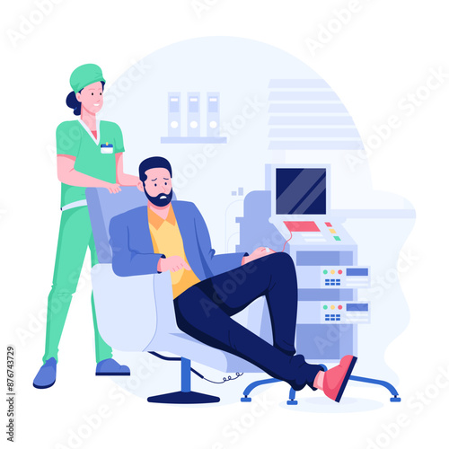 Doctor treating man sitting in chair on dialysis therapy, flat illustration