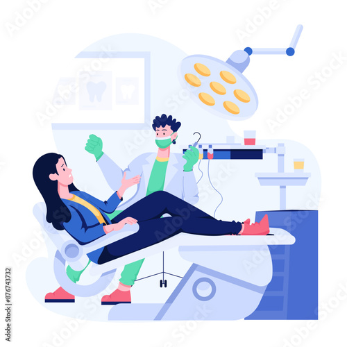 Teeth examination and dental treatment, flat illustration 