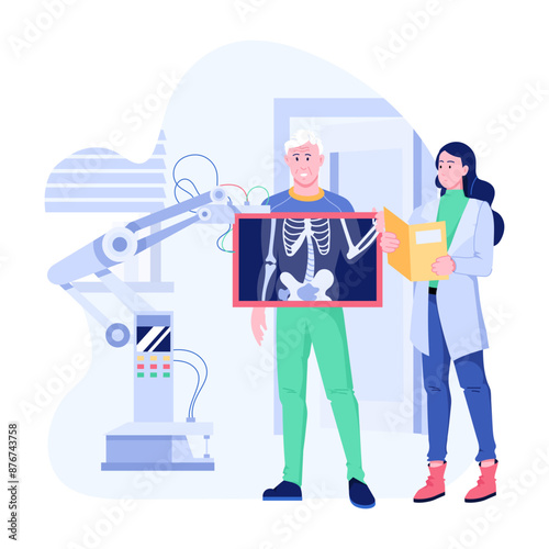 Radiologist checking x ray of an old patient, flat illustration 