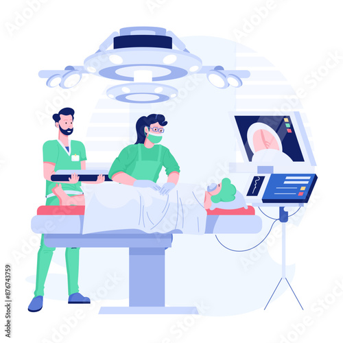 Doctors performing surgery in operation theater, flat illustration 