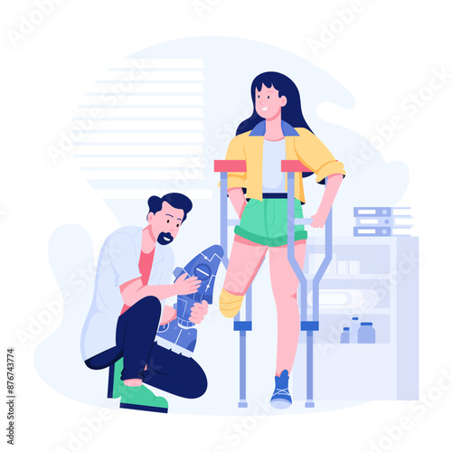 A flat illustration of a prosthetic doctor applying an artificial leg to a patient