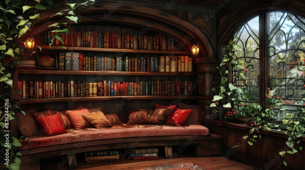A cozy room with a large bookcase filled with books and a window with plants A cozy room with a large bookcase filled with books and a window with plants