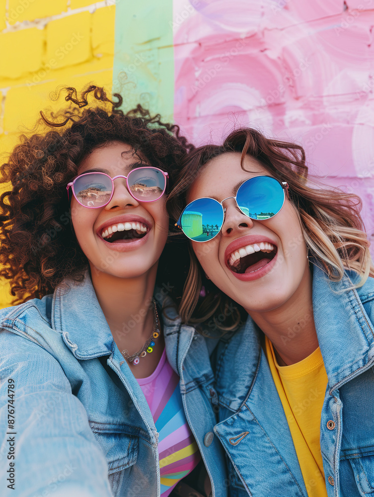 Joyful Self-Portraits: Friends in Denim, One with Curly Locks and the Other in Shades, Captured in a Playful Pink, Yellow, Blue, Green Background, Instagram Story Chic Joyful Self-Portraits: Friends in Denim, One with Curly Locks and the Other in Shades, Captured in a Playful Pink, Yellow, Blue, Green Background, Instagram Story Chic