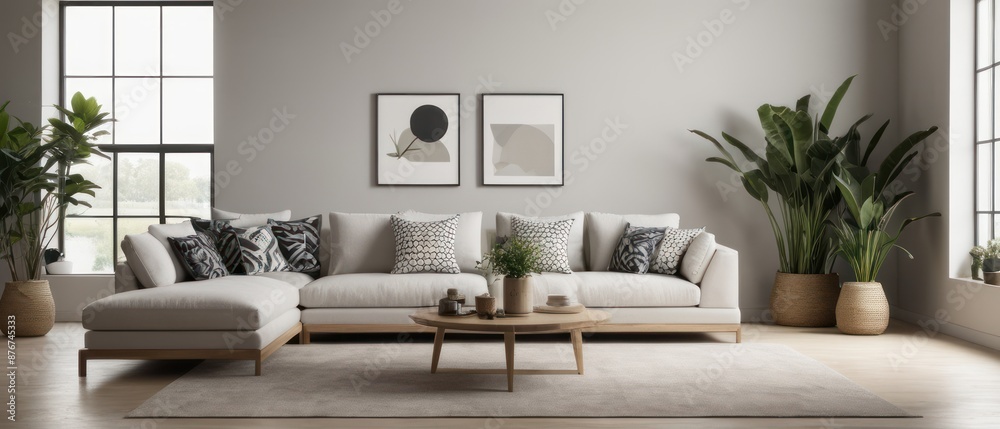 Fototapeta premium Modern Living Room with Minimalist Decor and Cozy Sofa