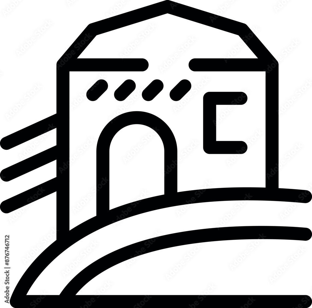 Simple line art icon of a traditional farm house standing on rolling hills Simple line art icon of a traditional farm house standing on rolling hills