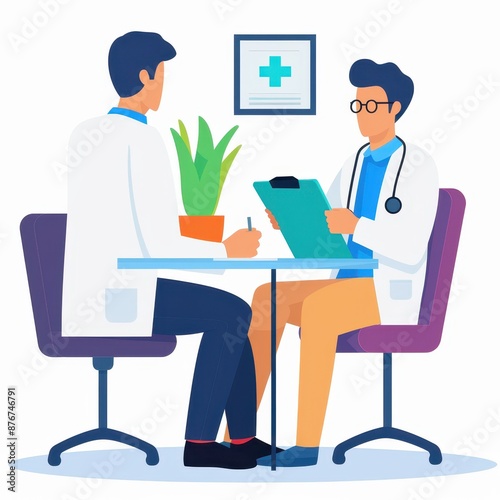 Two doctors in a consultation, discussing patient records and treatment plans.