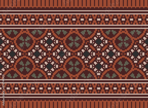 Ethnic geometric seamless fabric pattern ,Cross Stitch ,Pixel pattern embroidery oriental. Ethnic pattern seamless pixel art for Fabric geometric ethnic pattern