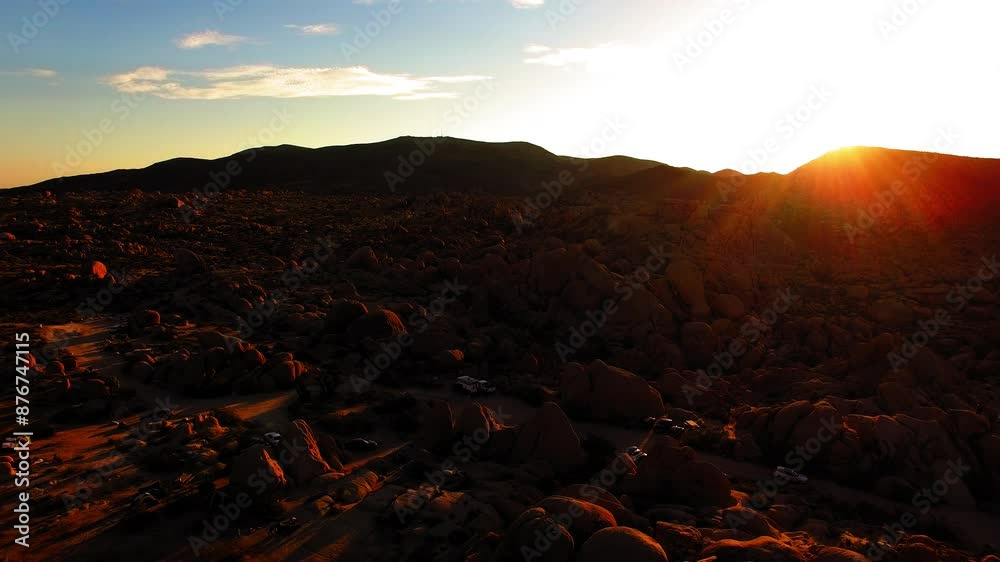 Aerial Forward Beautiful Shot Of Joshua Tree National Park During Sunset