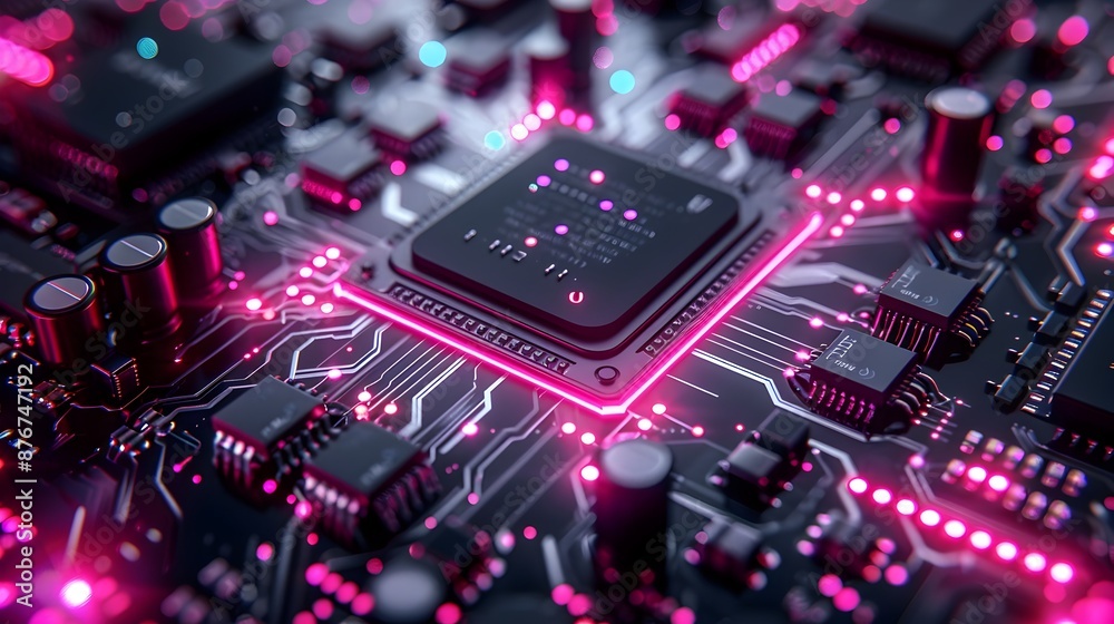 Obraz premium Advanced Quantum Processor:A Detailed,Dark and Neon Digital of High-Tech Complexity