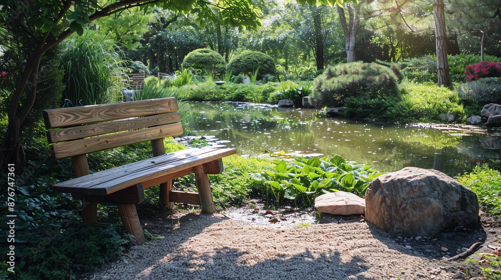 A wooden bench sits in a tranquil garden. The bench is surrounded by lush greenery and a small pond. The sun shines brightly overhead, creating a peaceful and relaxing atmosphere. A wooden bench sits in a tranquil garden. The bench is surrounded by lush greenery and a small pond. The sun shines brightly overhead, creating a peaceful and relaxing atmosphere.