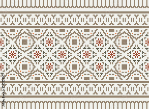 Cross Stitch Seamless Pattern, Traditional Pixel Geometric Abstract Ethnic Pattern for Clothing, fabric, wallpaper, Batik, Knitwear, Pixel Art. Ethnic Art Designer.