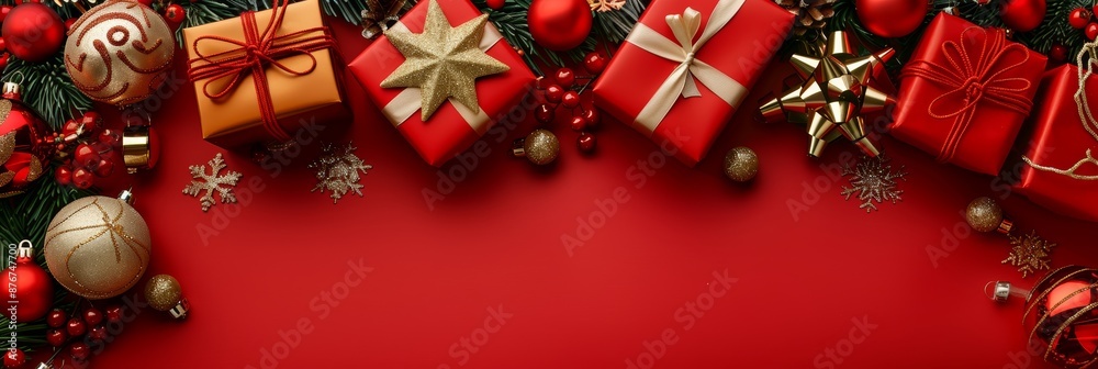 Holiday Ornament Arrangement: Top view of artisanal gift boxes. chic tree embellishments. red and gold balls. glimmering star. snowflakes. mistletoe berries on red surface. ready for your festive text Holiday Ornament Arrangement: Top view of artisanal gift boxes. chic tree embellishments. red and gold balls. glimmering star. snowflakes. mistletoe berries on red surface. ready for your festive text
