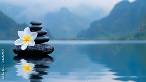 Serene Zen garden by the lake, a tranquil scene for meditation with rocks, flowers, and peaceful stillness. photo
