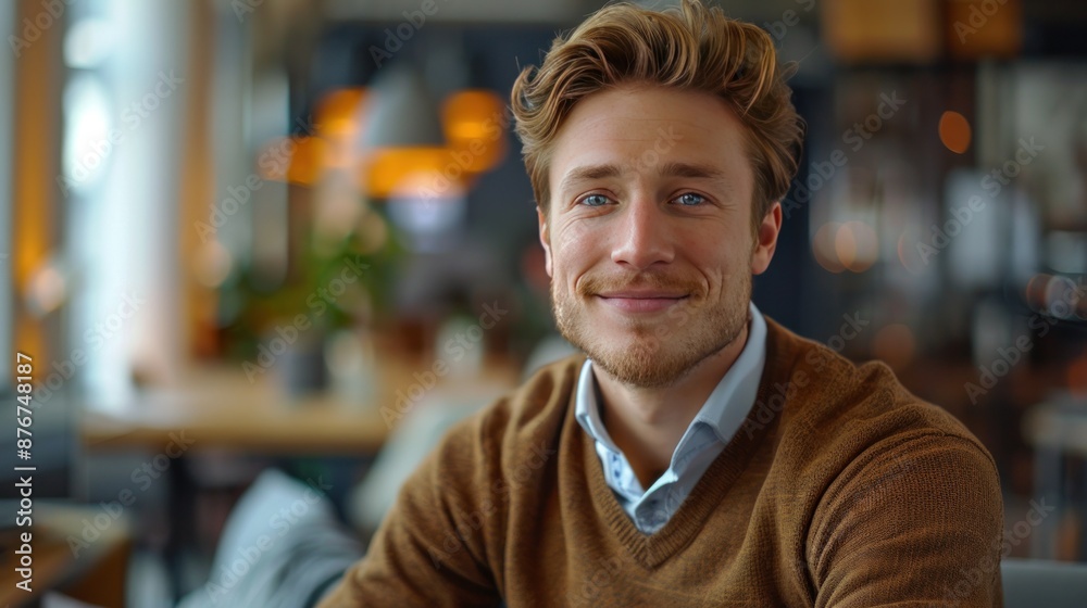 A young investor with a confident smile, wearing a casual business outfit, presenting an investment proposal in a contemporary office. A young investor with a confident smile, wearing a casual business outfit, presenting an investment proposal in a contemporary office.