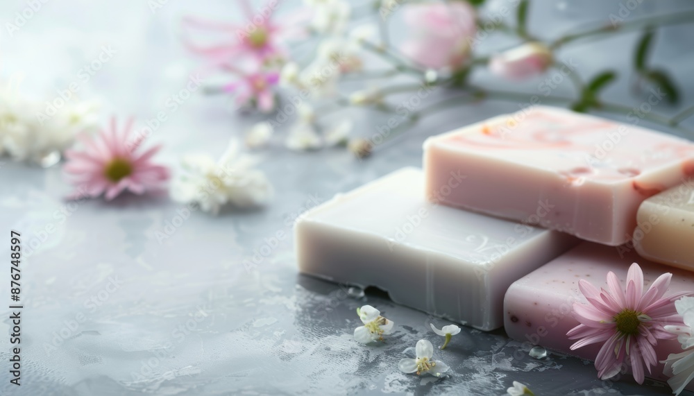 Aesthetic arrangement of natural soap bars with pink and white flowers on a gray textured surface, creating a fresh and soothing atmosphere. Aesthetic arrangement of natural soap bars with pink and white flowers on a gray textured surface, creating a fresh and soothing atmosphere.