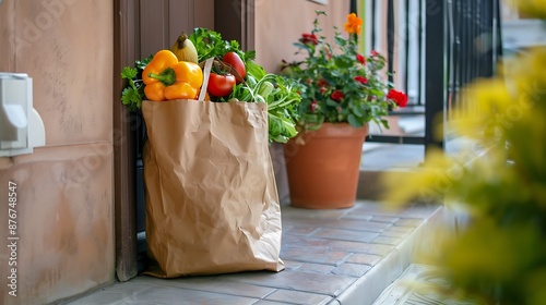 Paper bag with groceries delivered and left outside at entrance door photo