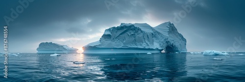 Arctic Nature Landscape: Icebergs in Greenland Icefjord with Midnight Sun Sunset and Sunrise on the Horizon. Early Morning Summer Alpenglow during Midnight Season in Ilulissat, West Greenland