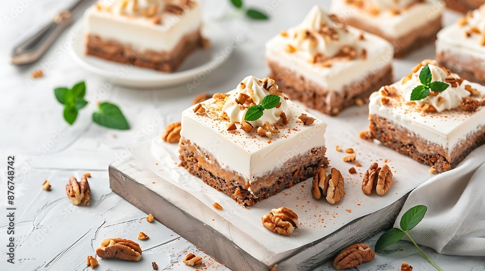 pieces of carrot cake with walnuts with icing cream on a light background pieces of carrot cake with walnuts with icing cream on a light background