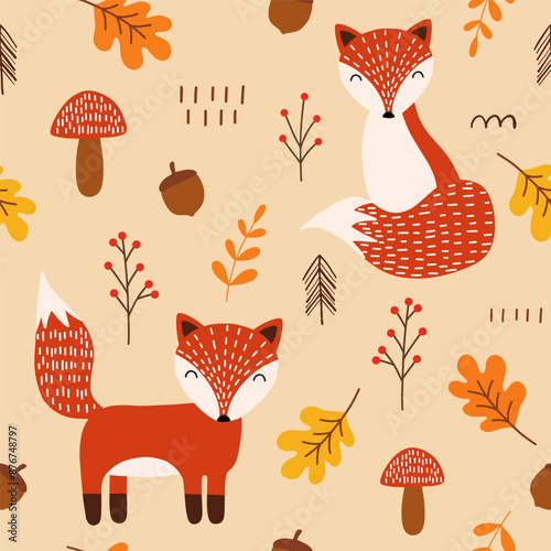 Seamless pattern with cute foxes, autumn leaves, acorns and oak leaves, Scandinavian style. Baby texture for fabric, nursery decoration, textiles, apparel. Vector illustration