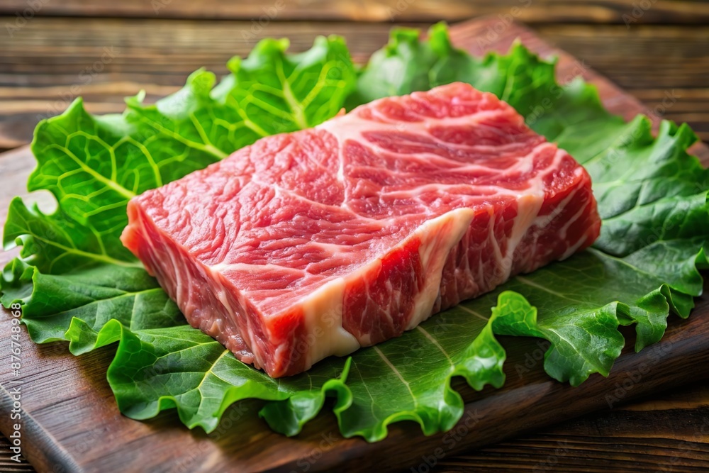 meat on green leaf. Plant-based alternative meat concept meat on green leaf. Plant-based alternative meat concept