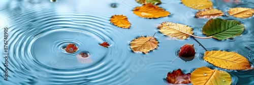 Autumn Background with Colorful Leaves Floating on Water with Rain Drops. Beautiful Abstract Fall Scene Symbolizing Leaf Fall and Tranquility © atipong