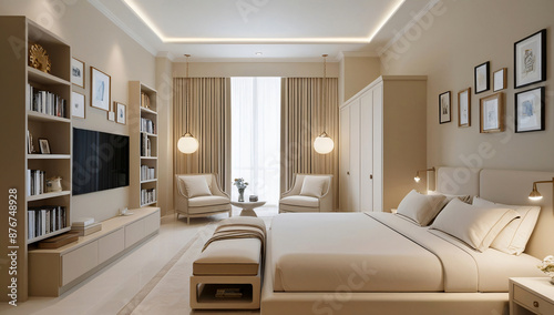 Main bedroom model, neutral color, minimalist style.