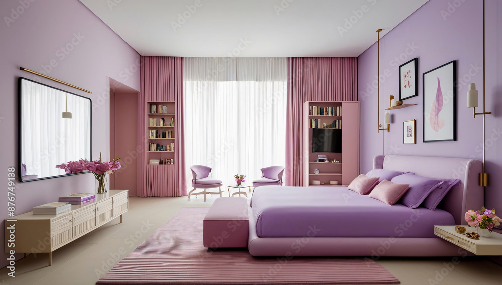 Minimal pastel purple main bedroom model. Minimal pastel purple main bedroom model.